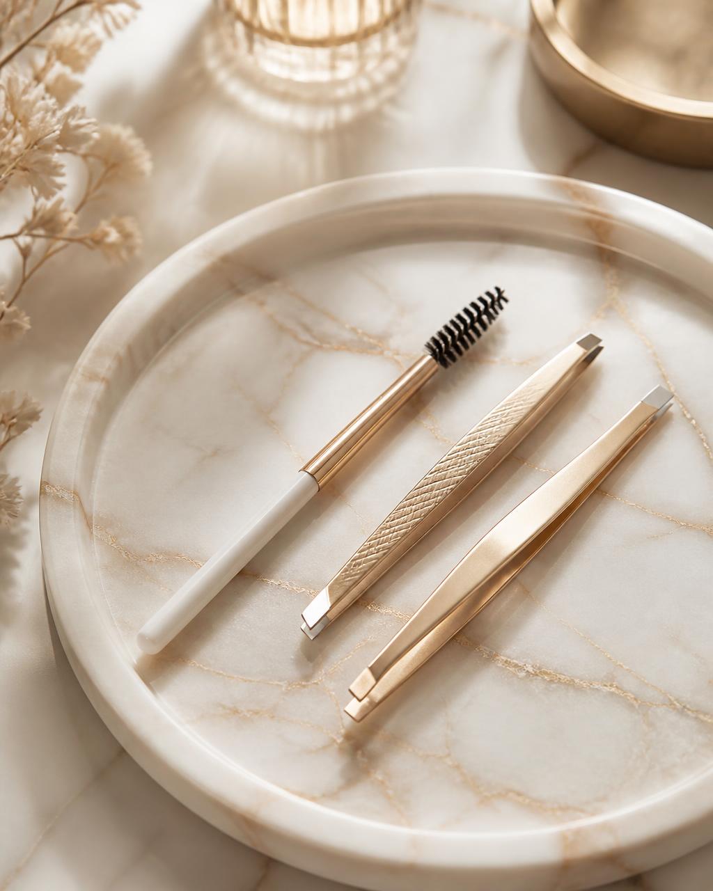 Brow tweezers and a spoolie brush arranged on a cream marble tray