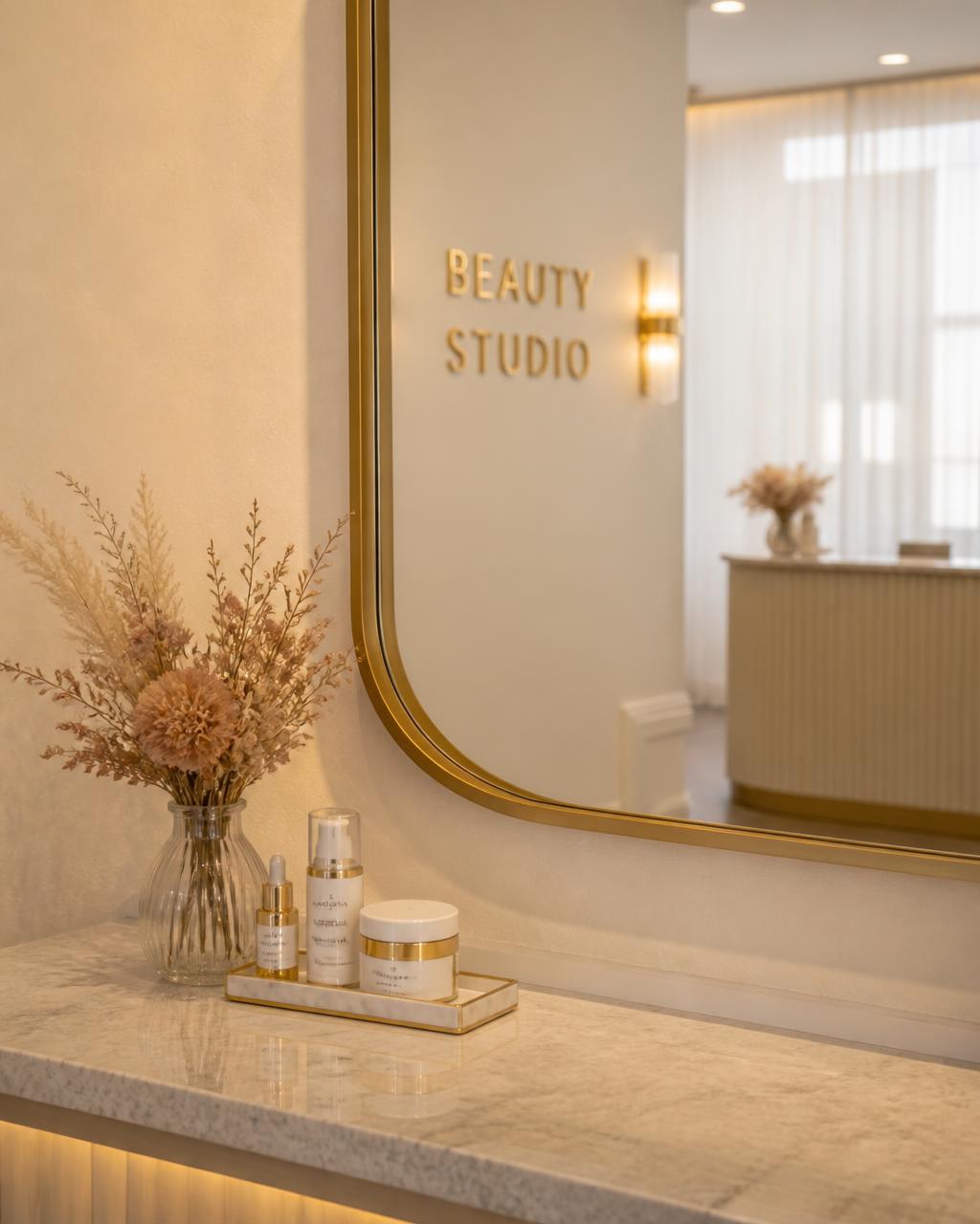 Reception counter with a gold-framed mirror, dried flowers and skincare products