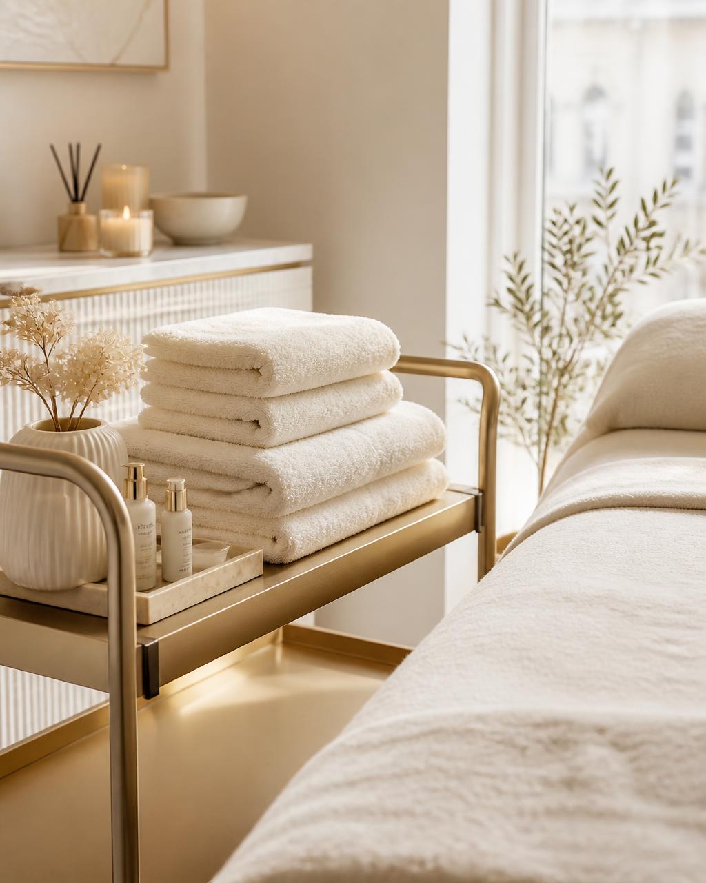 Folded cream towels and skincare bottles on a gold trolley beside a treatment couch