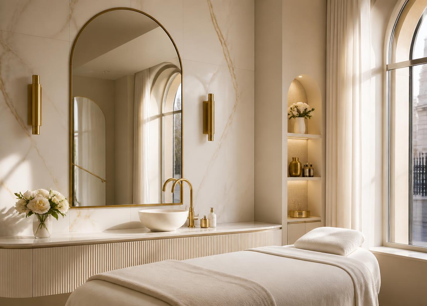 Ivory and cream marble treatment room with brushed gold details